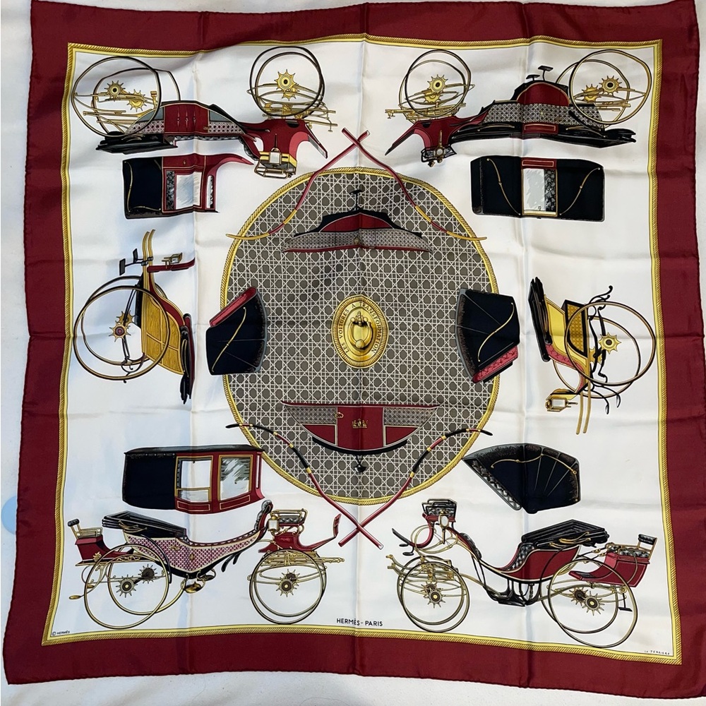 💜SOLD💜 Hermes Scarf La Perriere Les Voitures a Transformation by La Perriere.